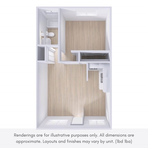 A rendering of a small, open-concept kitchen and living area.